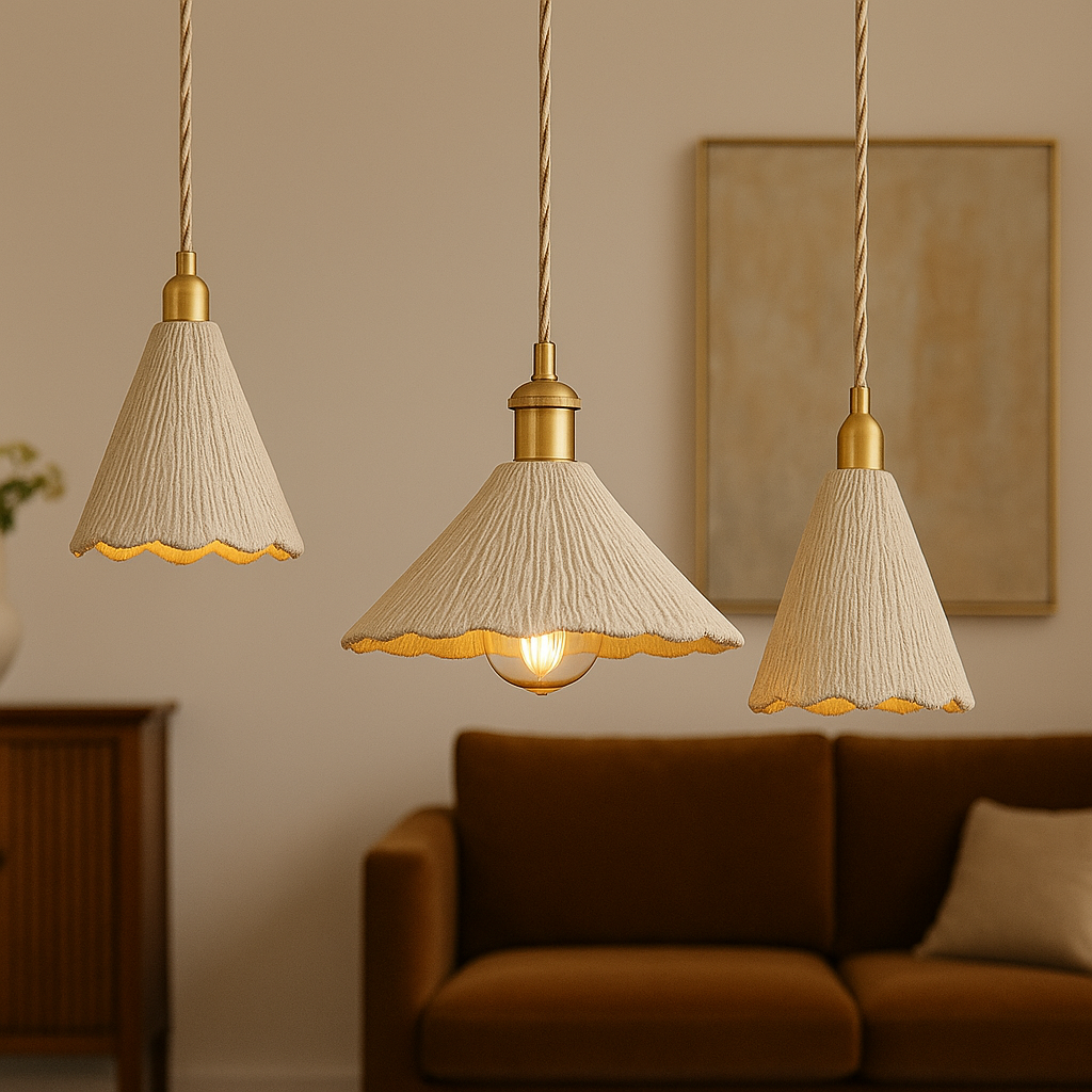 Textured cement pendant light with brass accents by BROKLEN – view 6