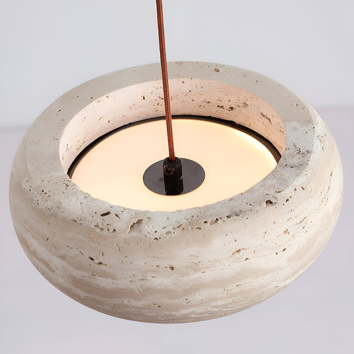 Wabi-sabi travertine pendant light – cylinder stone hanging light by BROKLEN – view 15