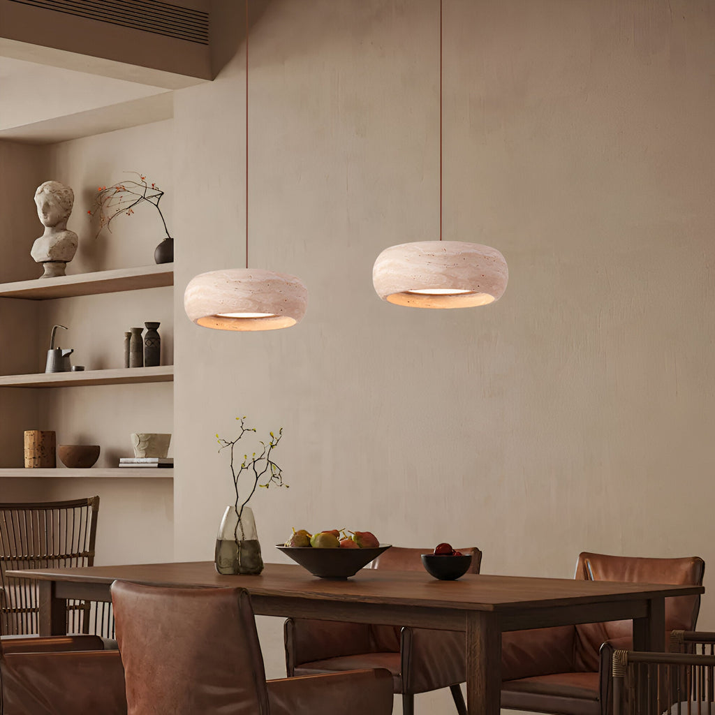 Wabi-sabi travertine pendant light – cylinder stone hanging light by BROKLEN – view 12