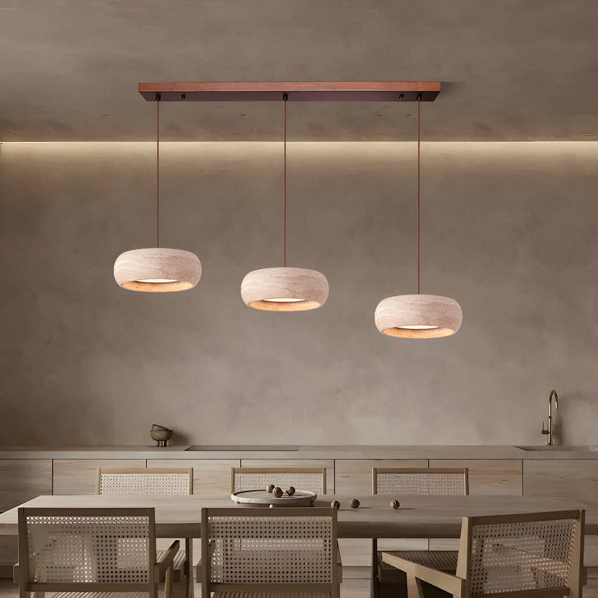 Wabi-sabi travertine pendant light – cylinder stone hanging light by BROKLEN – view 14