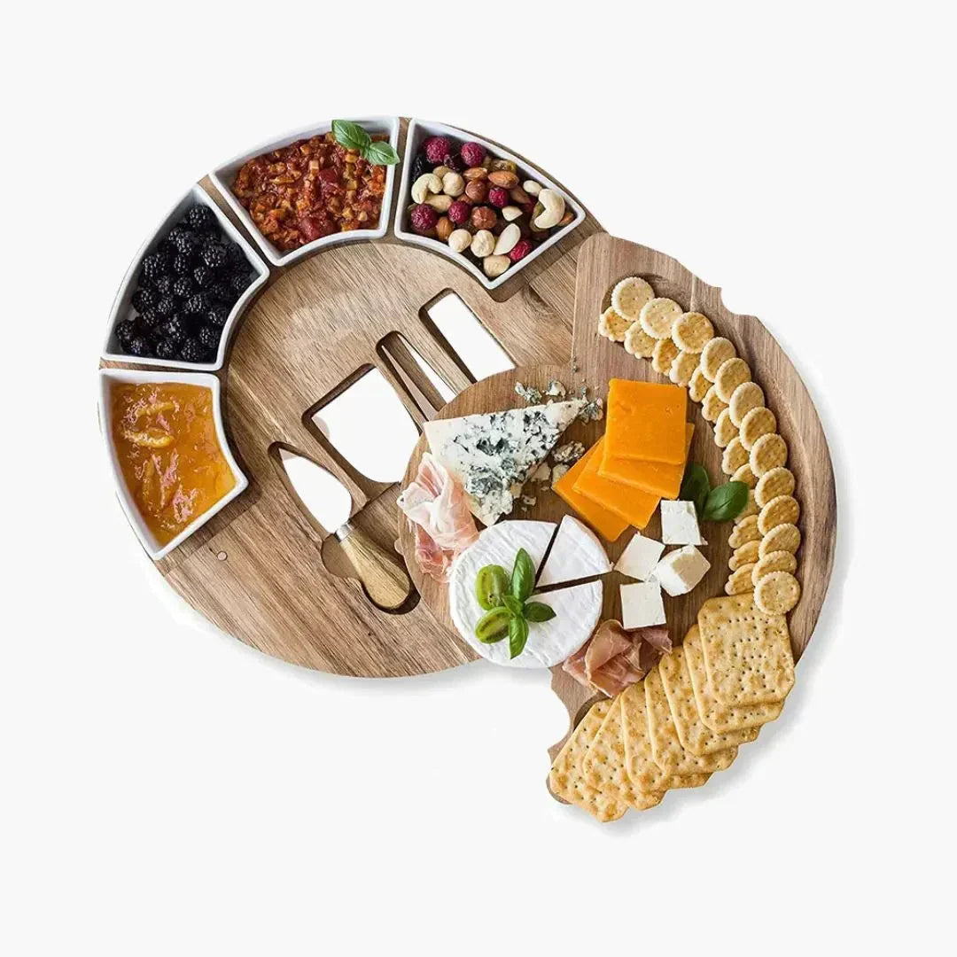 Acacia wood cheese board set with knives and ceramic bowls by BROKLEN – view 6