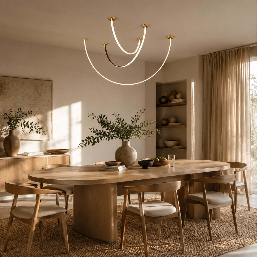 Curved linear LED chandelier with leather details by BROKLEN – view 4