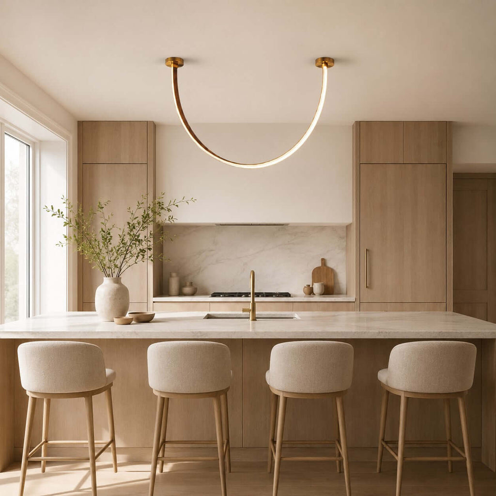 Curved linear LED chandelier with leather details by BROKLEN – view 5