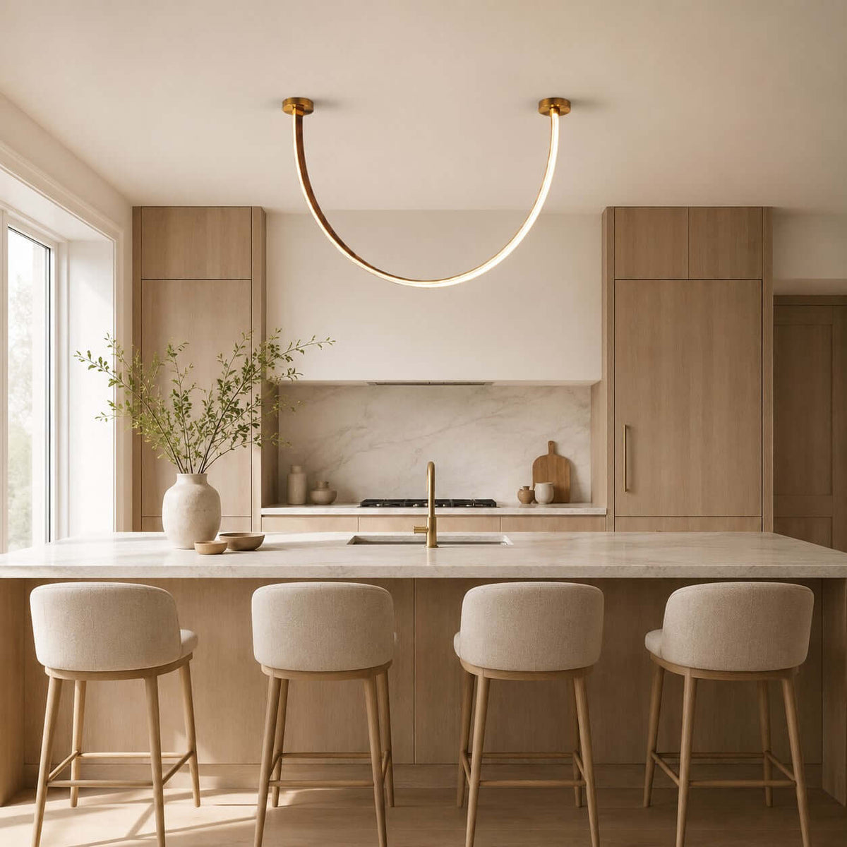 Curved linear LED chandelier with leather details by BROKLEN – view 5