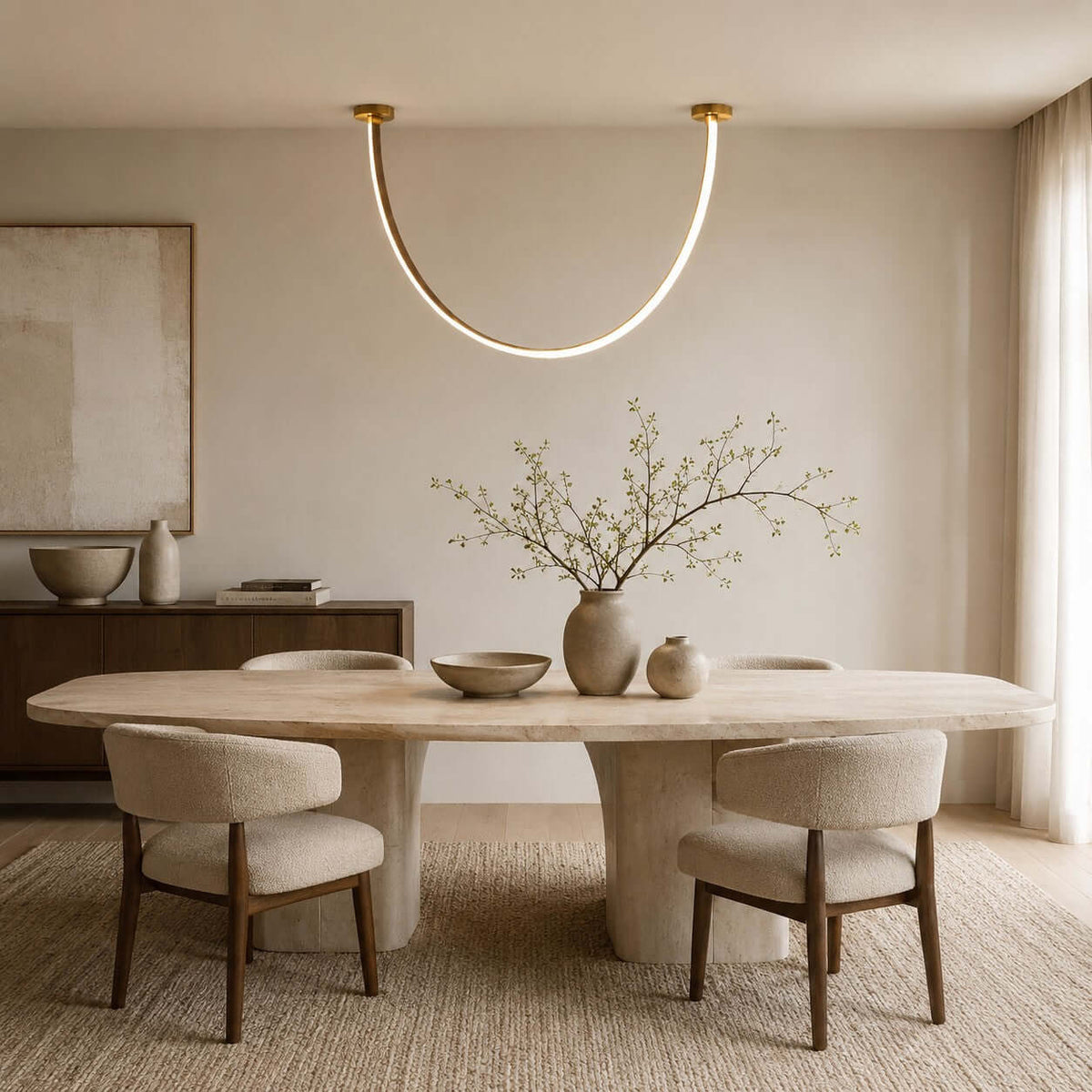 Curved linear LED chandelier with leather details by BROKLEN – view 6