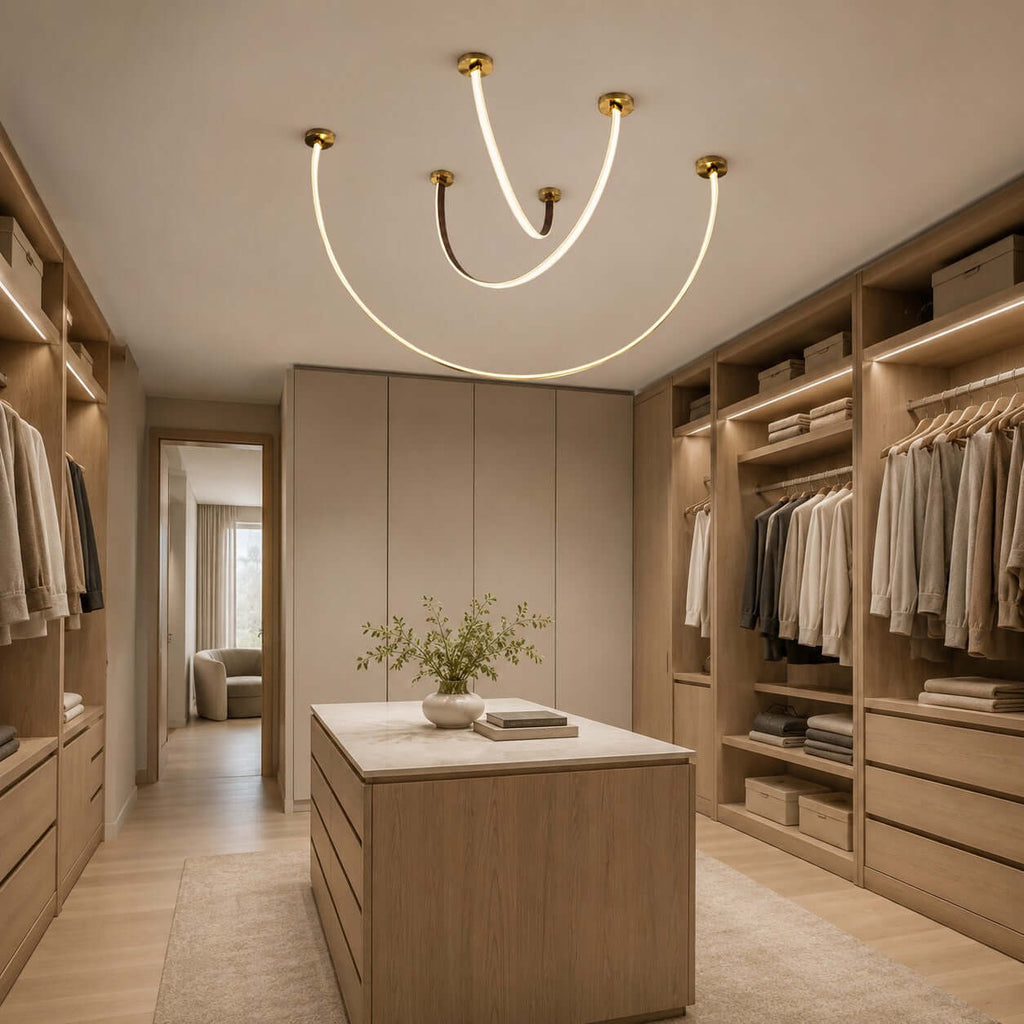 Curved linear LED chandelier with leather details by BROKLEN – view 11