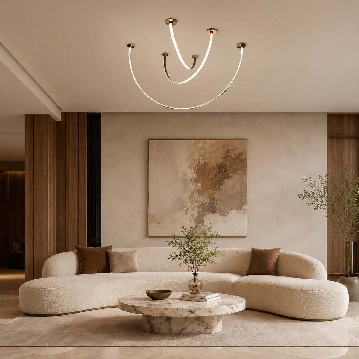 Curved linear LED chandelier with leather details by BROKLEN – view 3