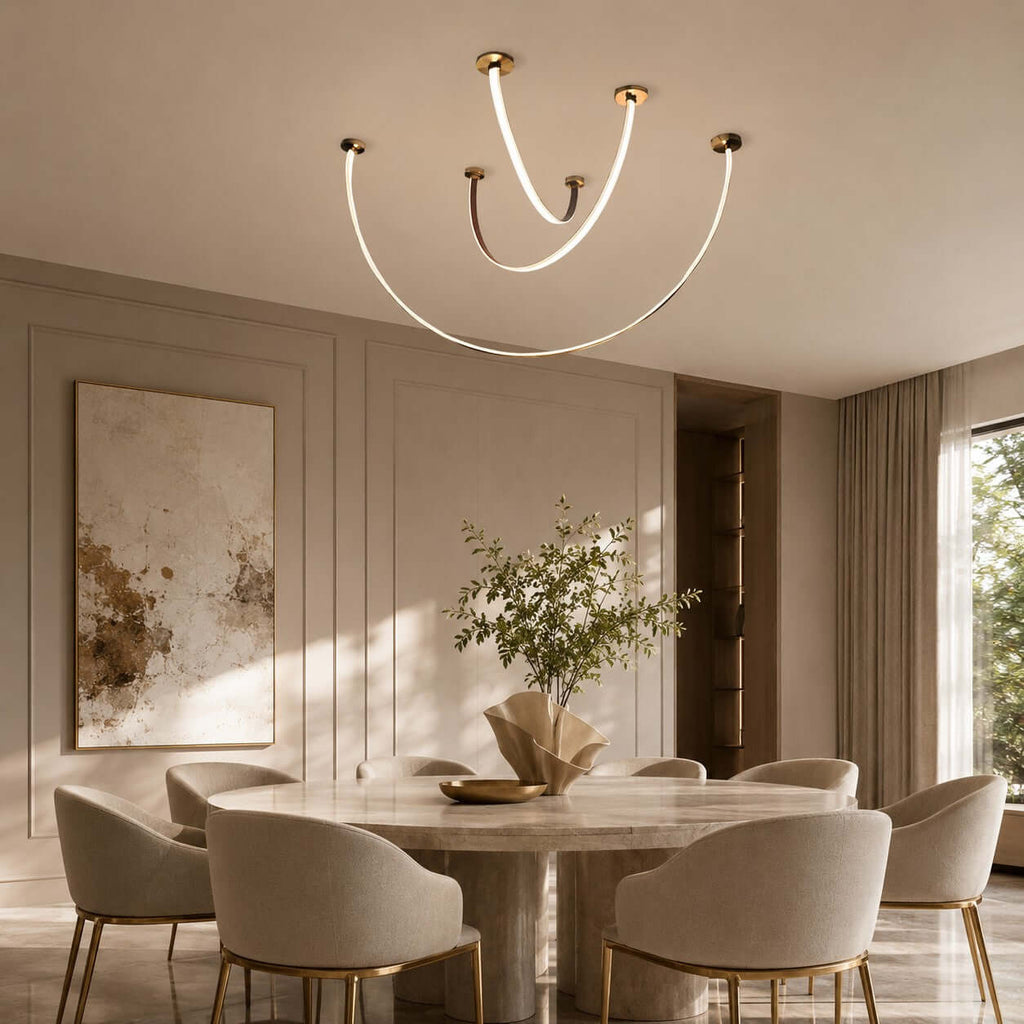 Curved linear LED chandelier with leather details by BROKLEN – view 2