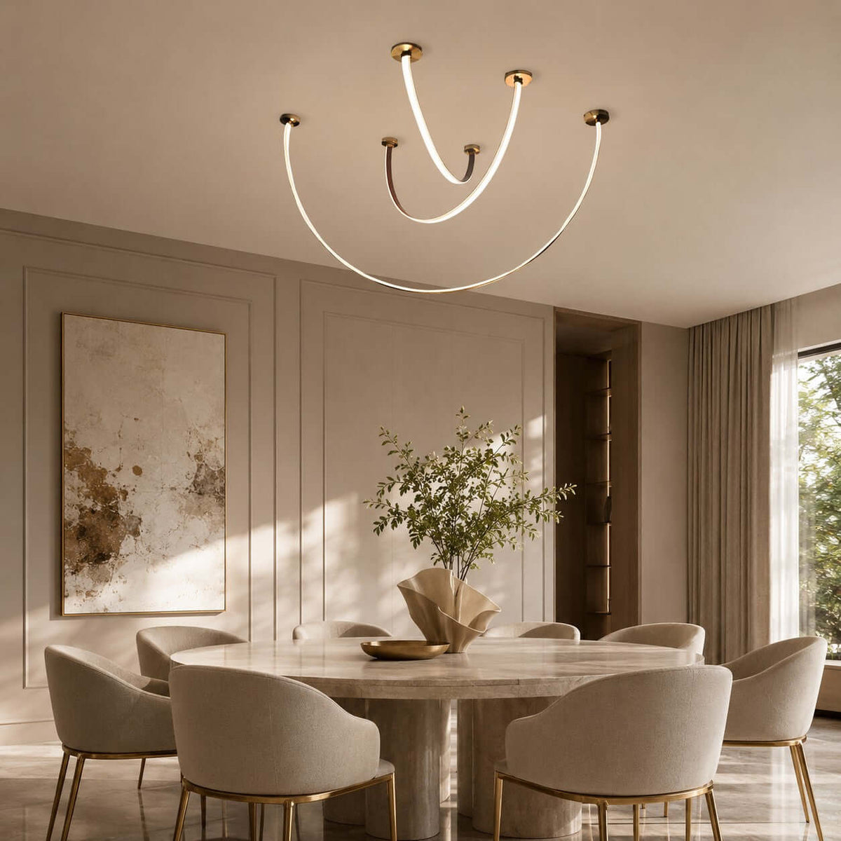 Curved linear LED chandelier with leather details by BROKLEN – view 2