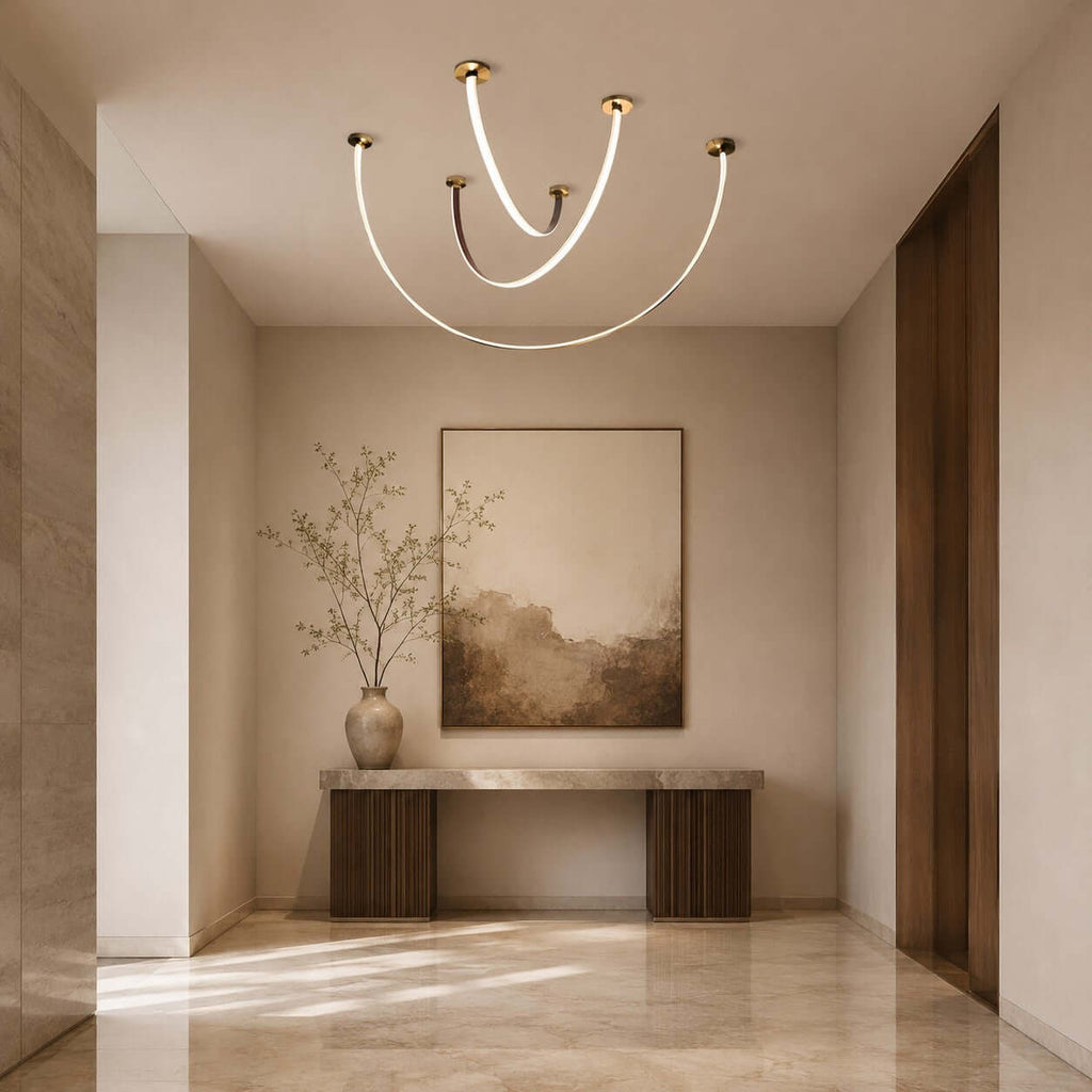 Curved linear LED chandelier with leather details by BROKLEN – view 12