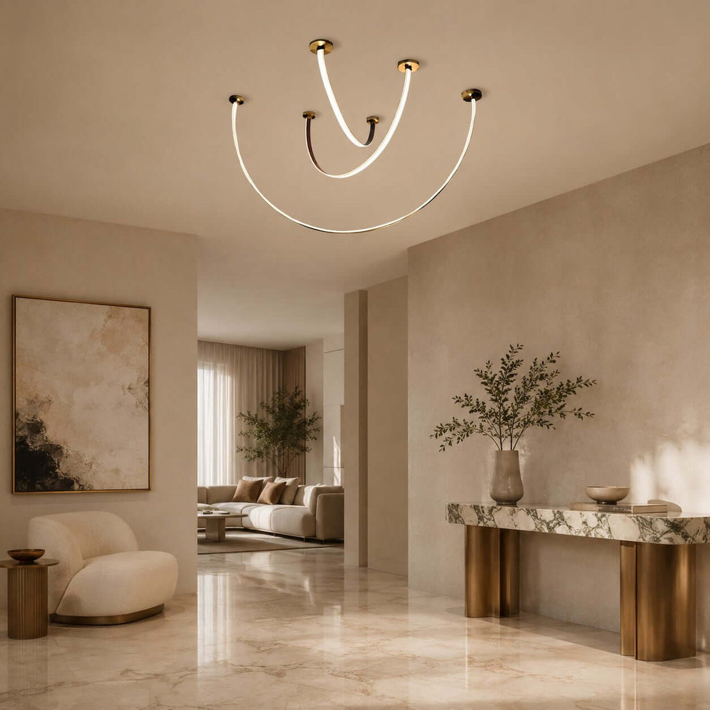 Curved linear LED chandelier with leather details by BROKLEN – view 13