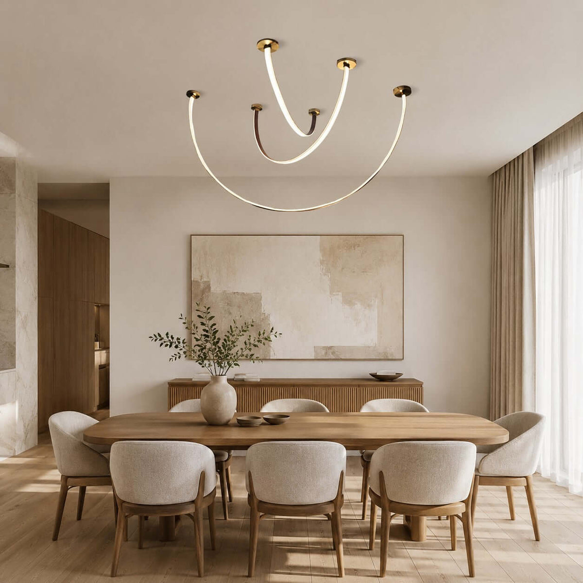 Curved linear LED chandelier with leather details by BROKLEN