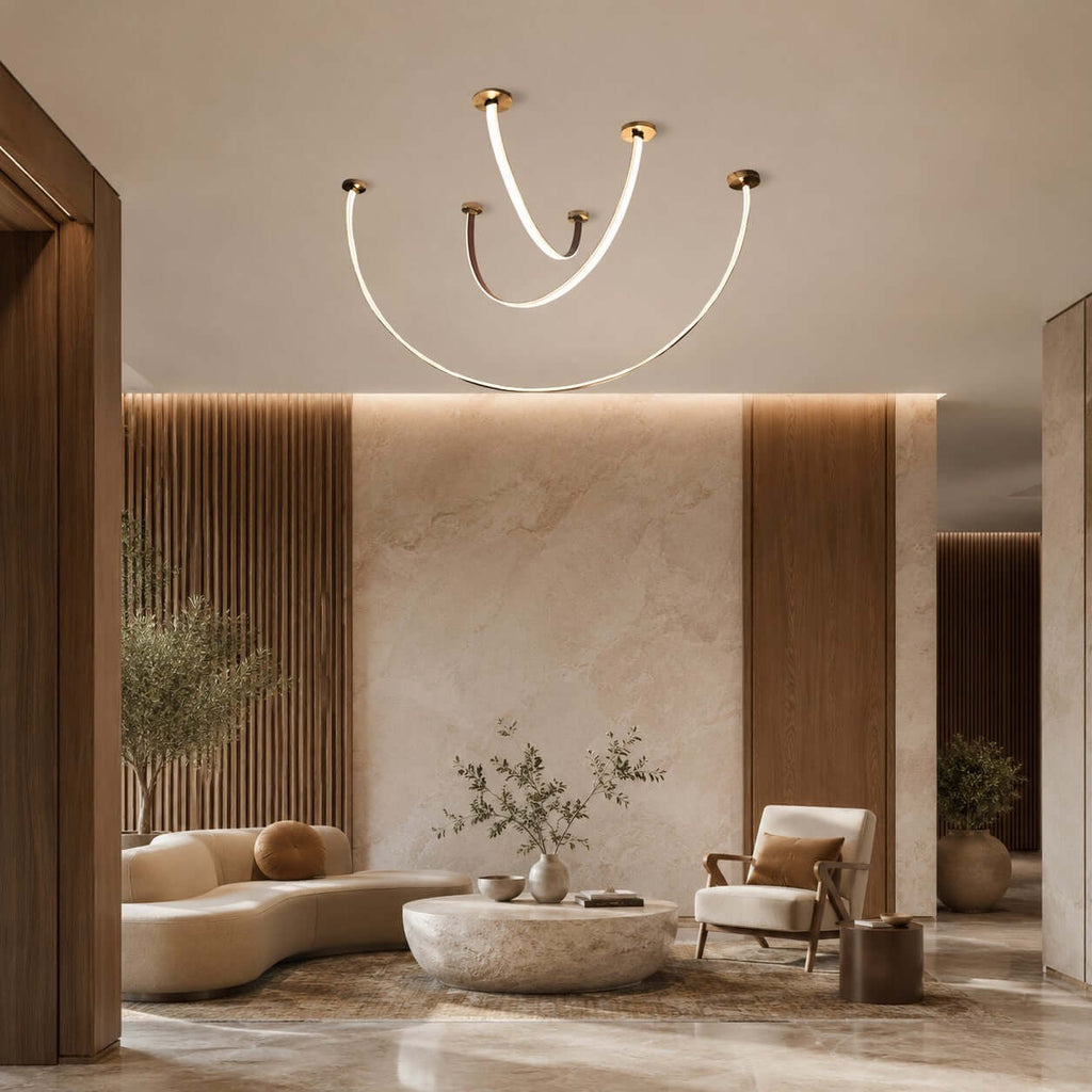 Curved linear LED chandelier with leather details by BROKLEN – view 15