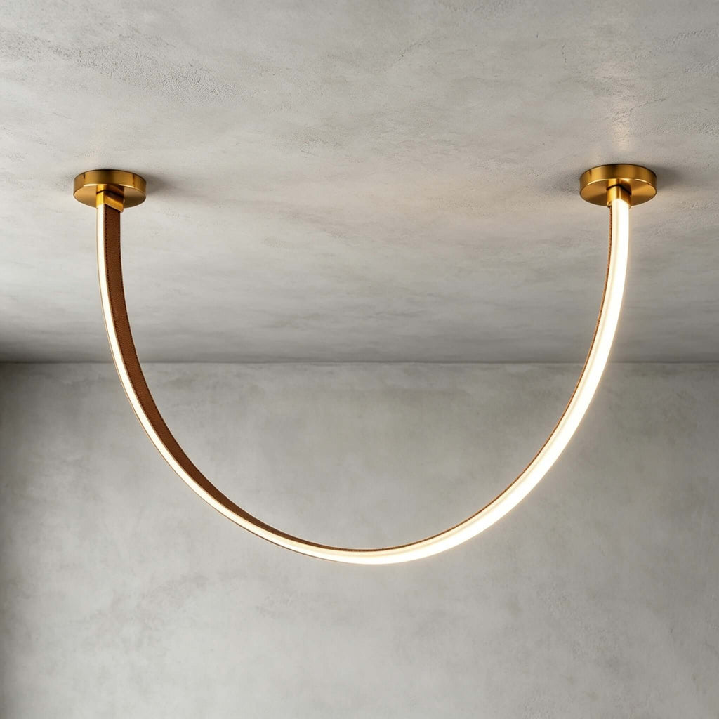 Curved linear LED chandelier with leather details by BROKLEN – view 16