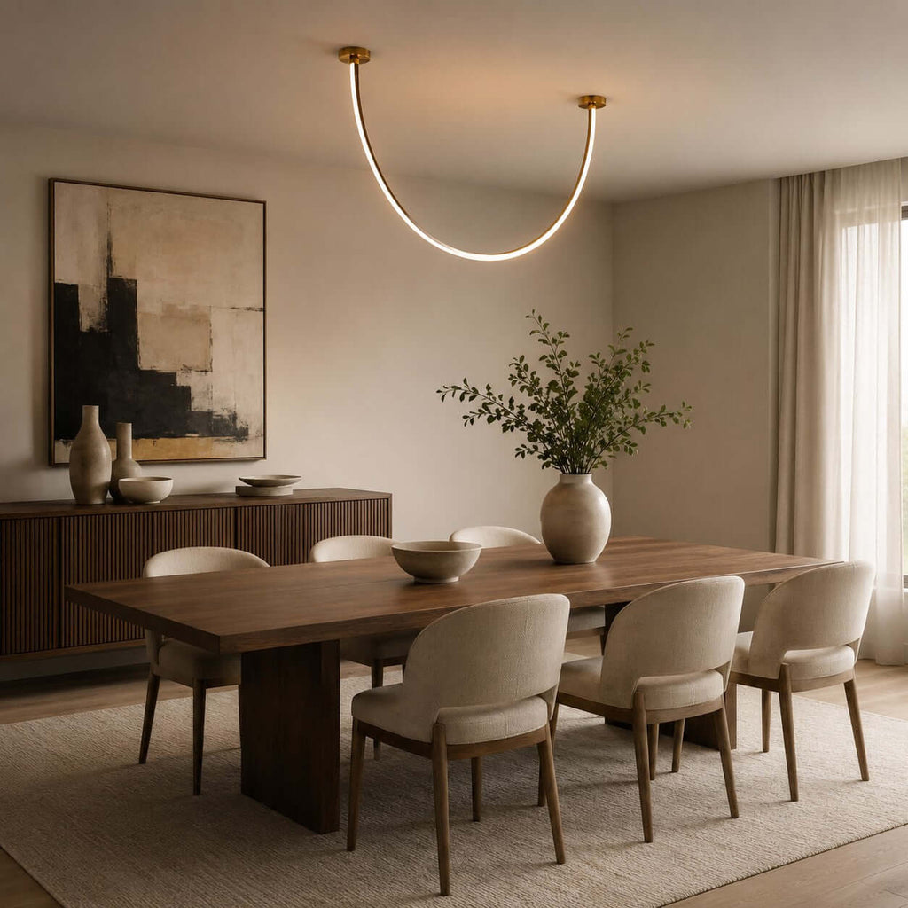Curved linear LED chandelier with leather details by BROKLEN – view 8