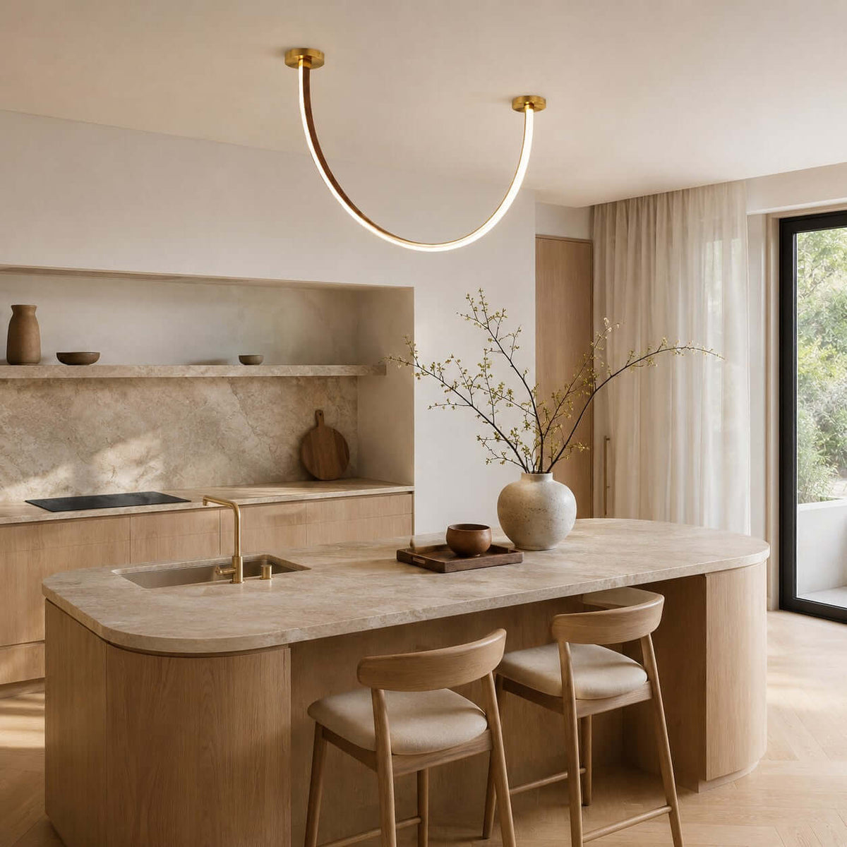 Curved linear LED chandelier with leather details by BROKLEN – view 7