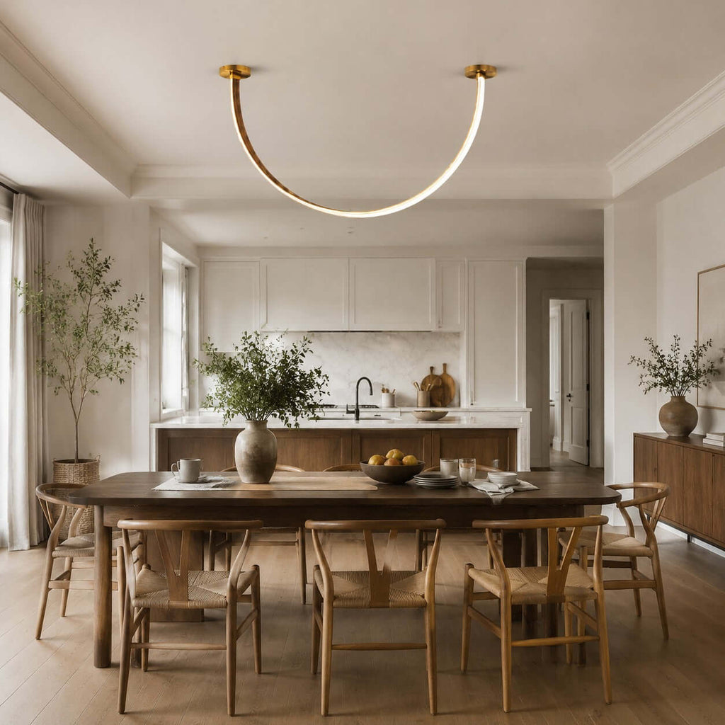 Curved linear LED chandelier with leather details by BROKLEN – view 9