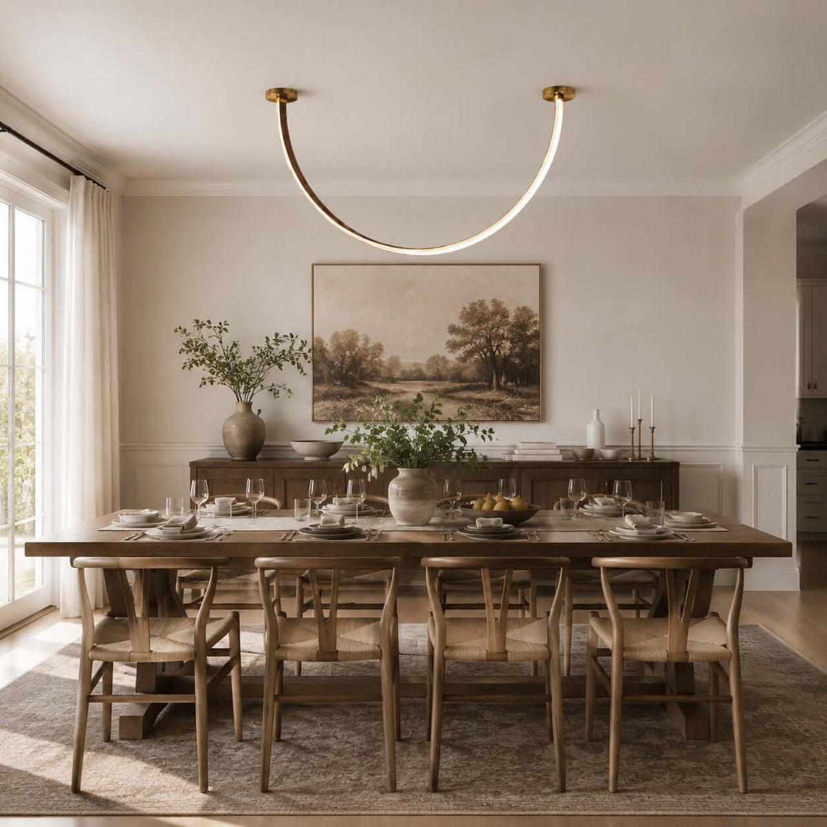 Curved linear LED chandelier with leather details by BROKLEN – view 10