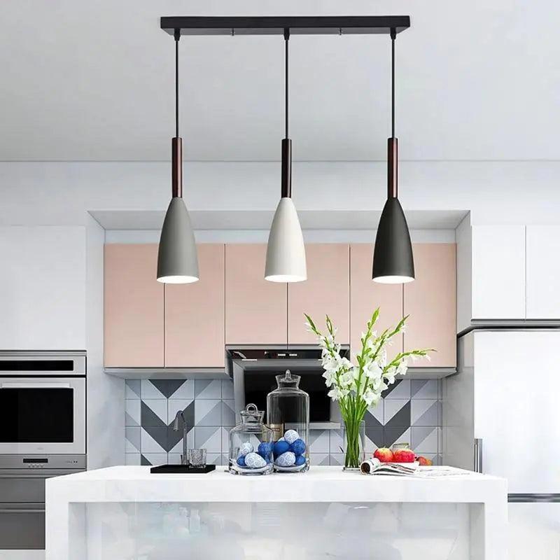 Three-light kitchen ceiling pendant with tapered metal shades by BROKLEN – view 4