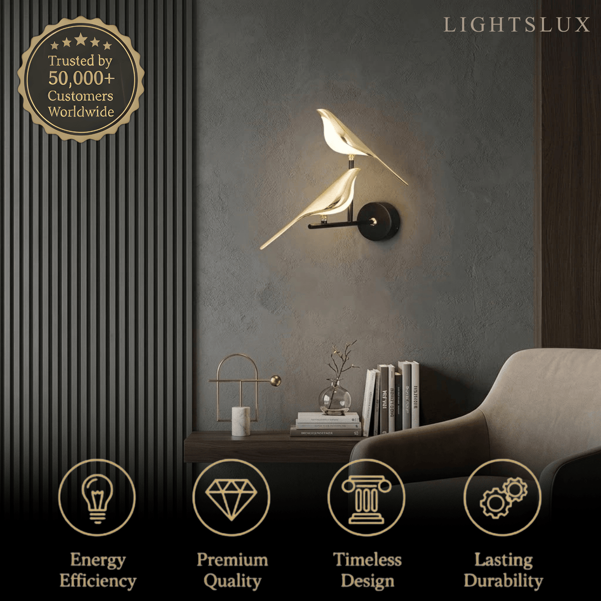Black and gold bird design LED wall light by BROKLEN – view 2