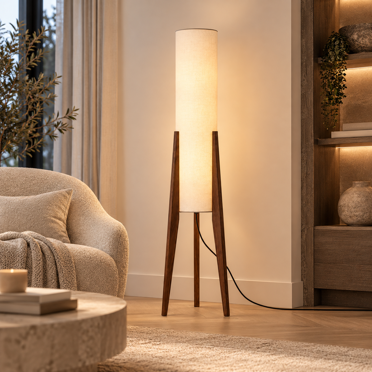 Japandi solid walnut floor lamp with fabric shade by BROKLEN – view 2