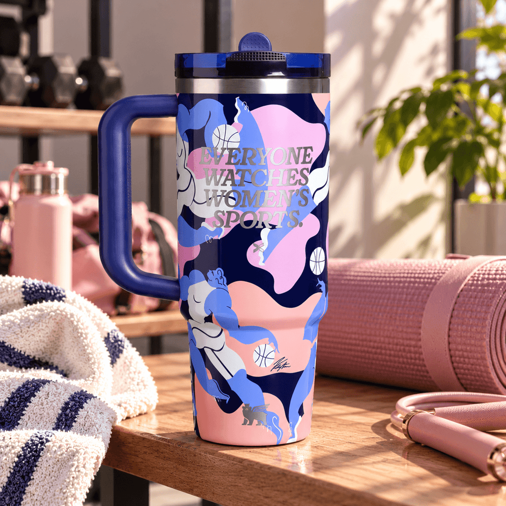 Women's Sports Power Tumbler - navy basketball insulated tumbler, front view