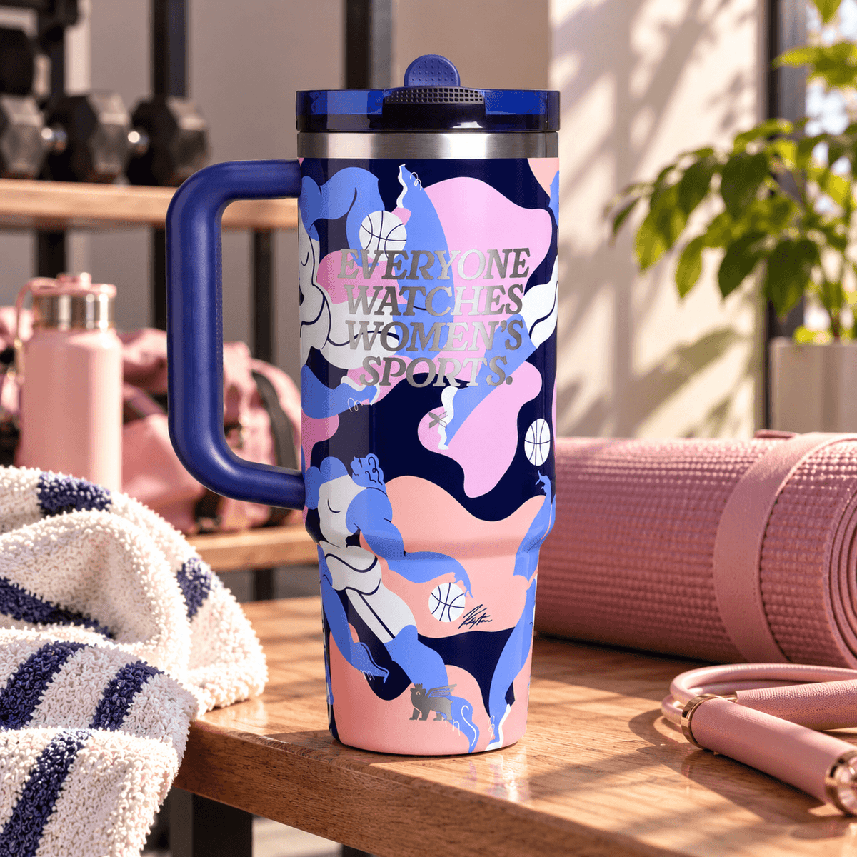 Women's Sports Power Tumbler - navy basketball insulated tumbler, front view