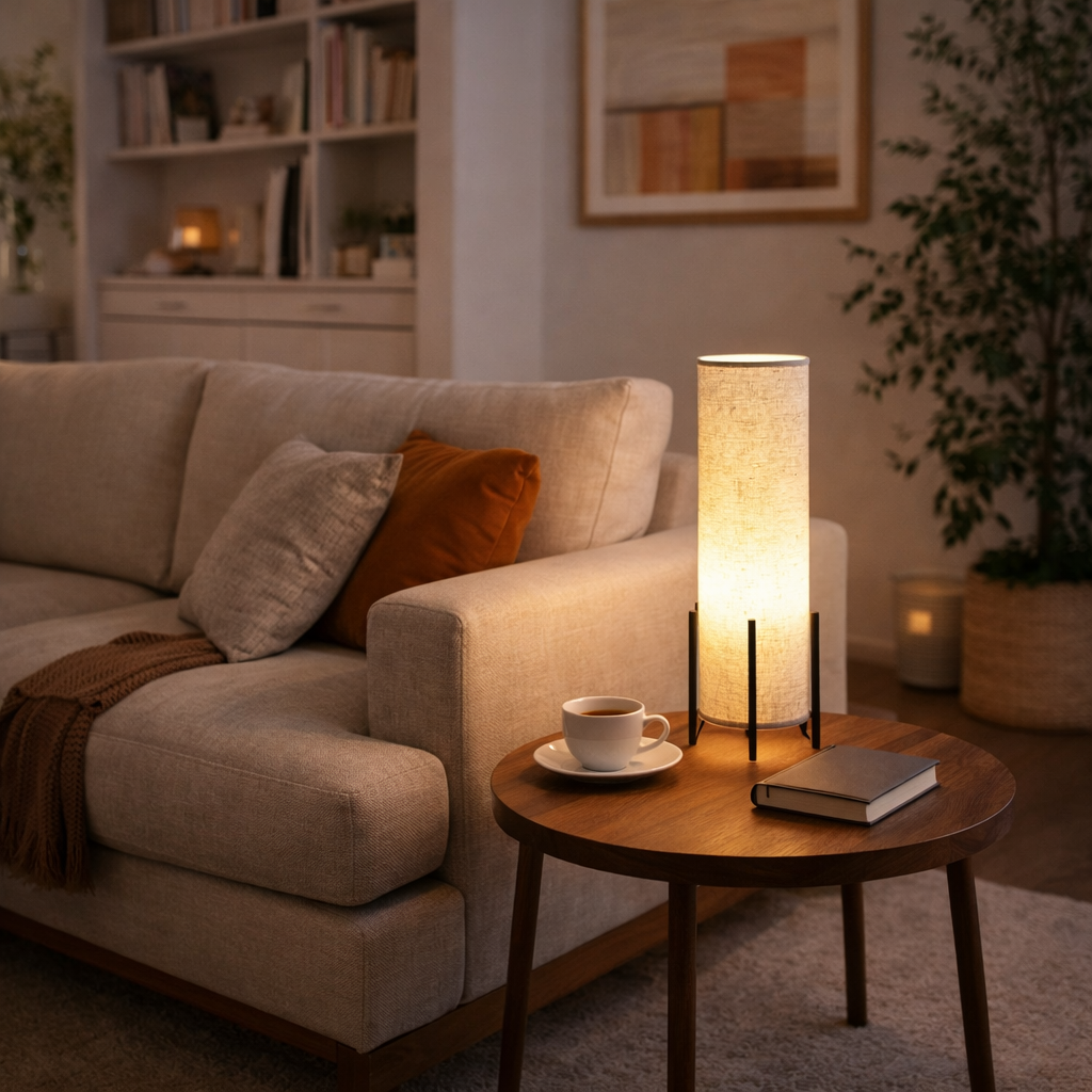 Scandinavian wood table lamp with fabric shade by BROKLEN – view 2