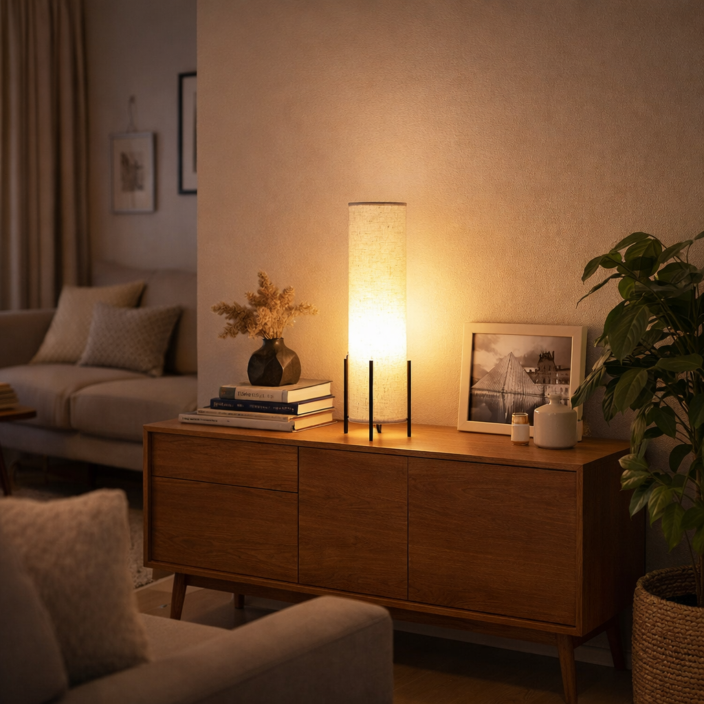Scandinavian wood table lamp with fabric shade by BROKLEN – view 3