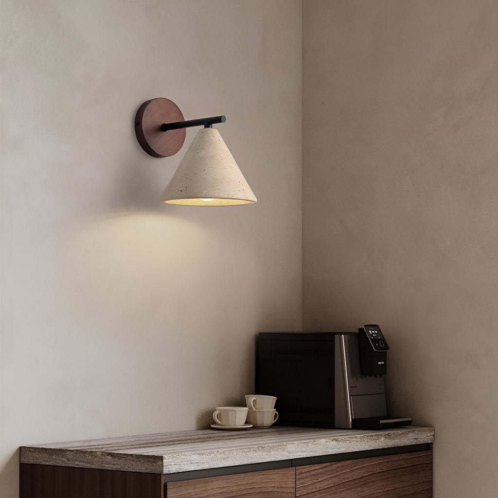 Travertine cone wall light with warm LED by BROKLEN – view 7