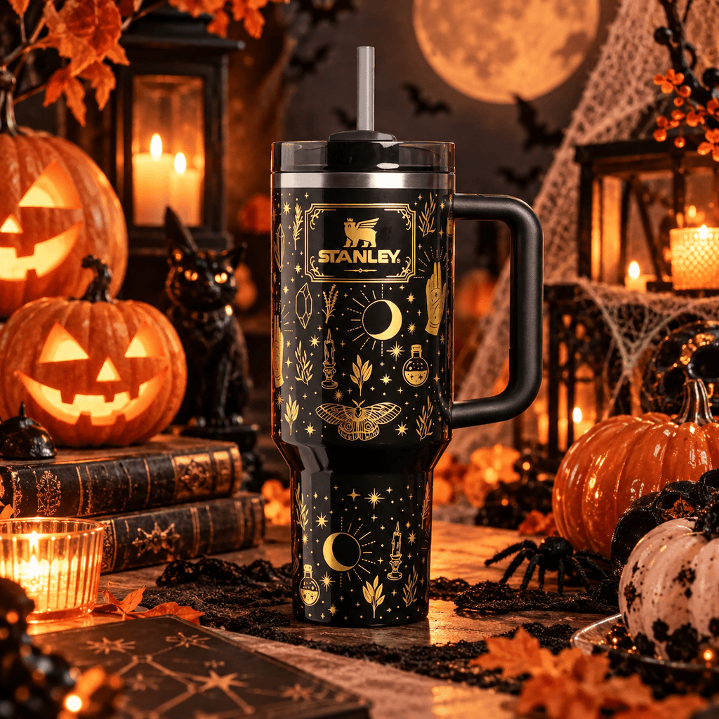 Midnight Magic 40oz Tumbler - black and gold witchy Halloween tumbler, front view