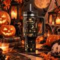 Midnight Magic 40oz Tumbler - black and gold witchy Halloween tumbler, front view