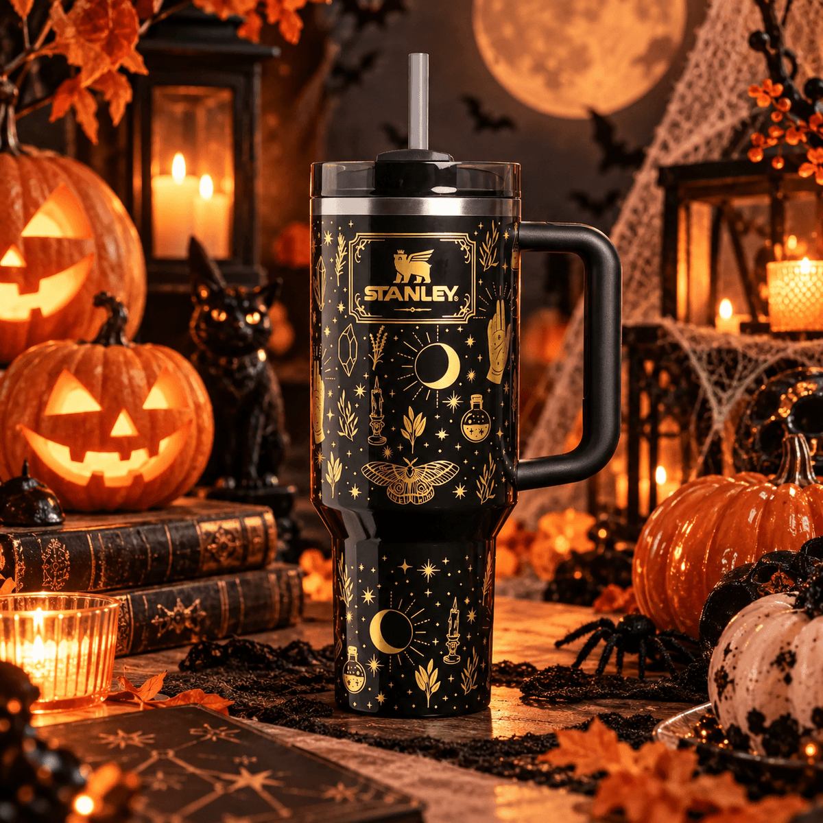 Midnight Magic 40oz Tumbler - black and gold witchy Halloween tumbler, front view