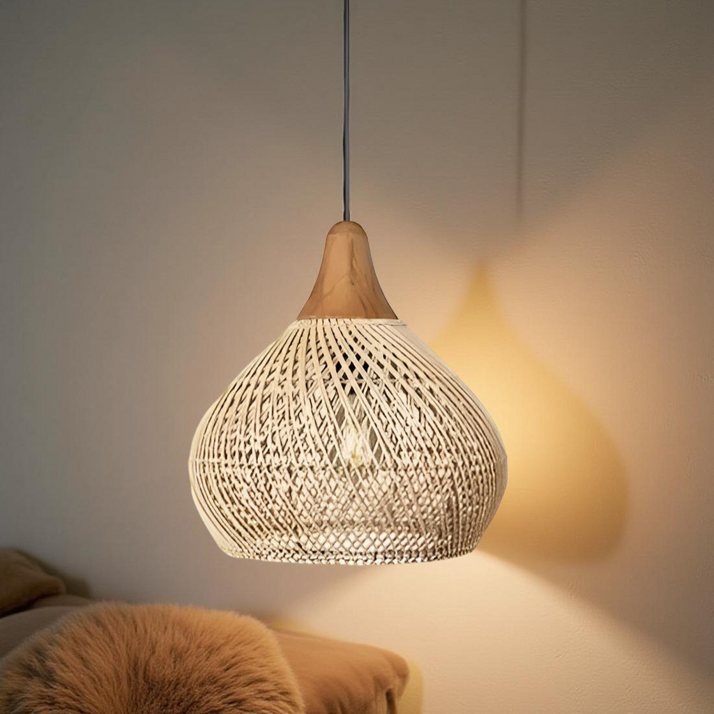 Boho woven rattan pendant light in natural and black – ceiling light by BROKLEN – view 9