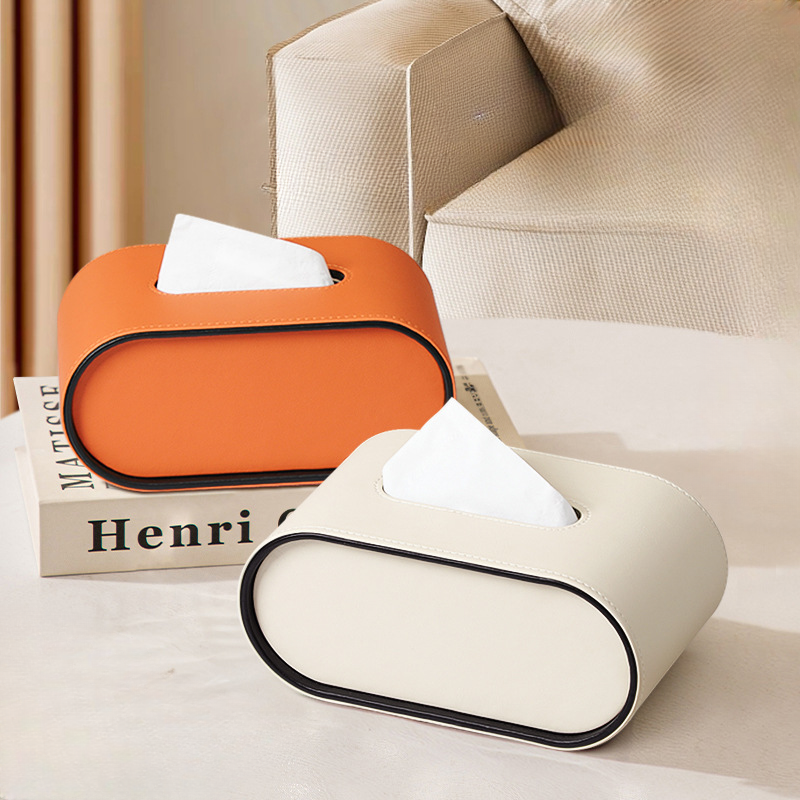 Oval PU leather tissue box cover with contrast edging by BROKLEN