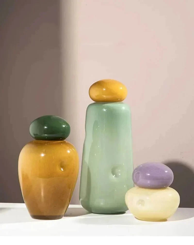 Colourful pebble glass Christmas ornament vase with stacked stone lid by BROKLEN – view 3