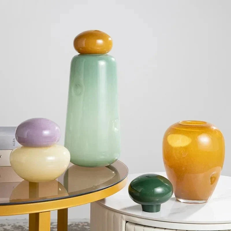 Colourful pebble glass Christmas ornament vase with stacked stone lid by BROKLEN – view 9