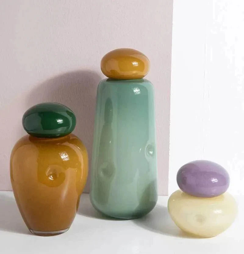 Colourful pebble glass Christmas ornament vase with stacked stone lid by BROKLEN – view 2