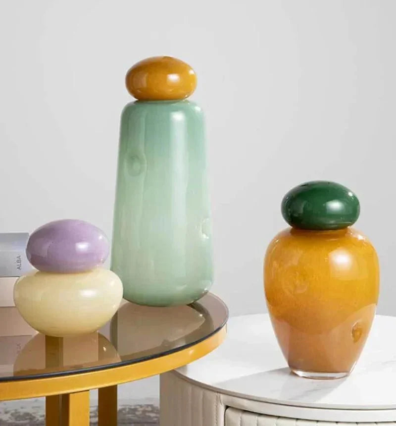 Colourful pebble glass Christmas ornament vase with stacked stone lid by BROKLEN – view 5