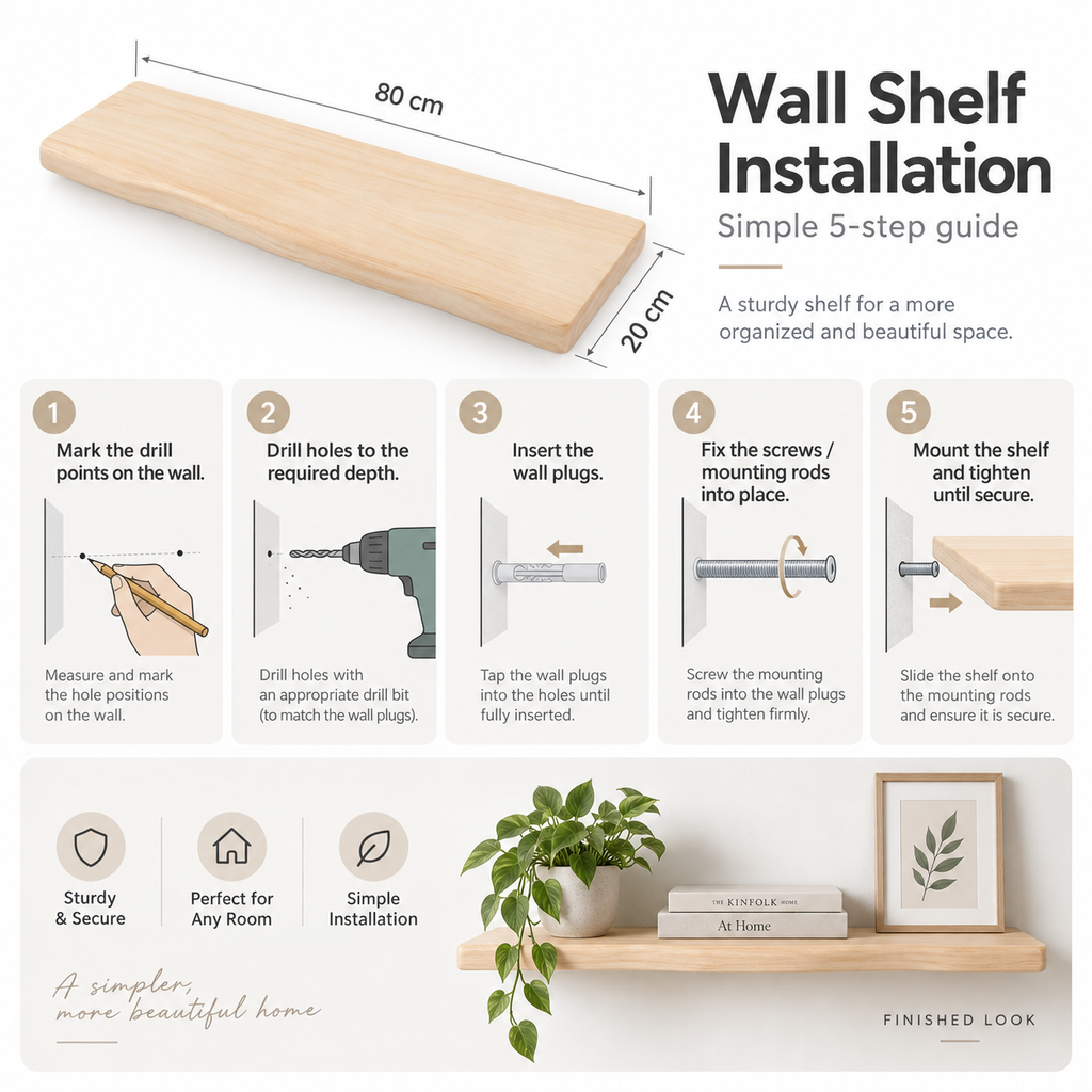 Live edge acacia wood wall shelf with black steel frame by BROKLEN – view 20