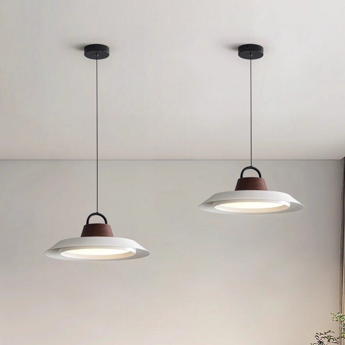 Japandi oval acrylic LED pendant light in black and white by BROKLEN – view 2