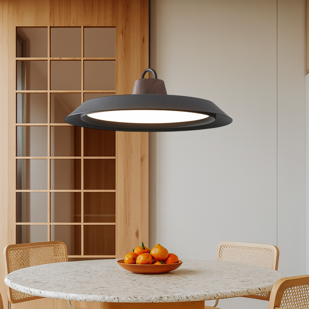Japandi oval acrylic LED pendant light in black and white by BROKLEN – view 4