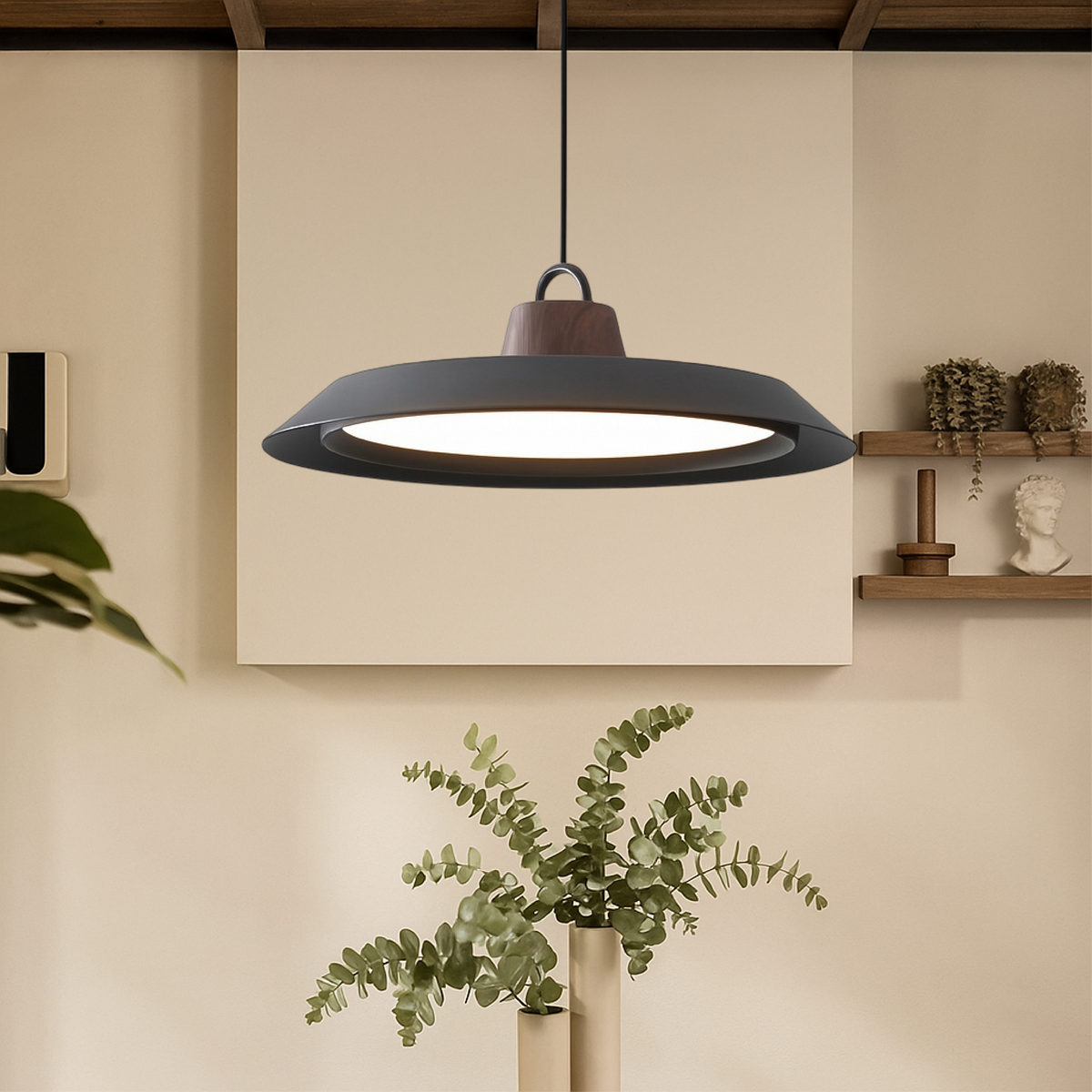 Japandi oval acrylic LED pendant light in black and white by BROKLEN