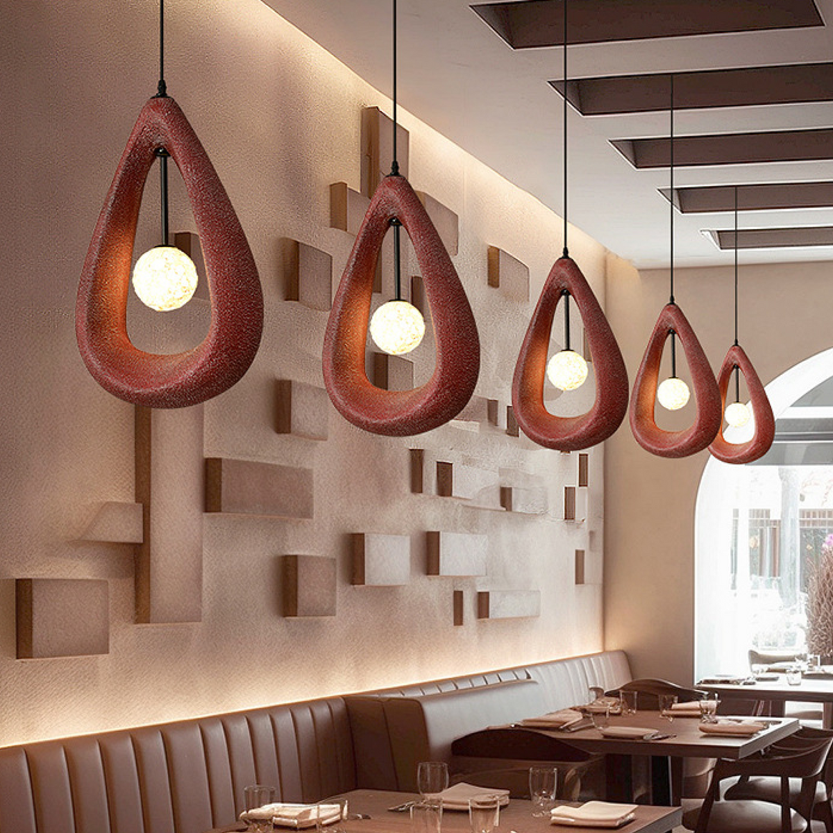 Japandi oval pendant light in white, grey and red by BROKLEN – view 3