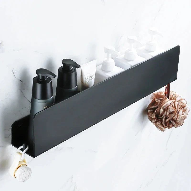 Matte aluminium bathroom wall shelf with side hooks by BROKLEN – view 3