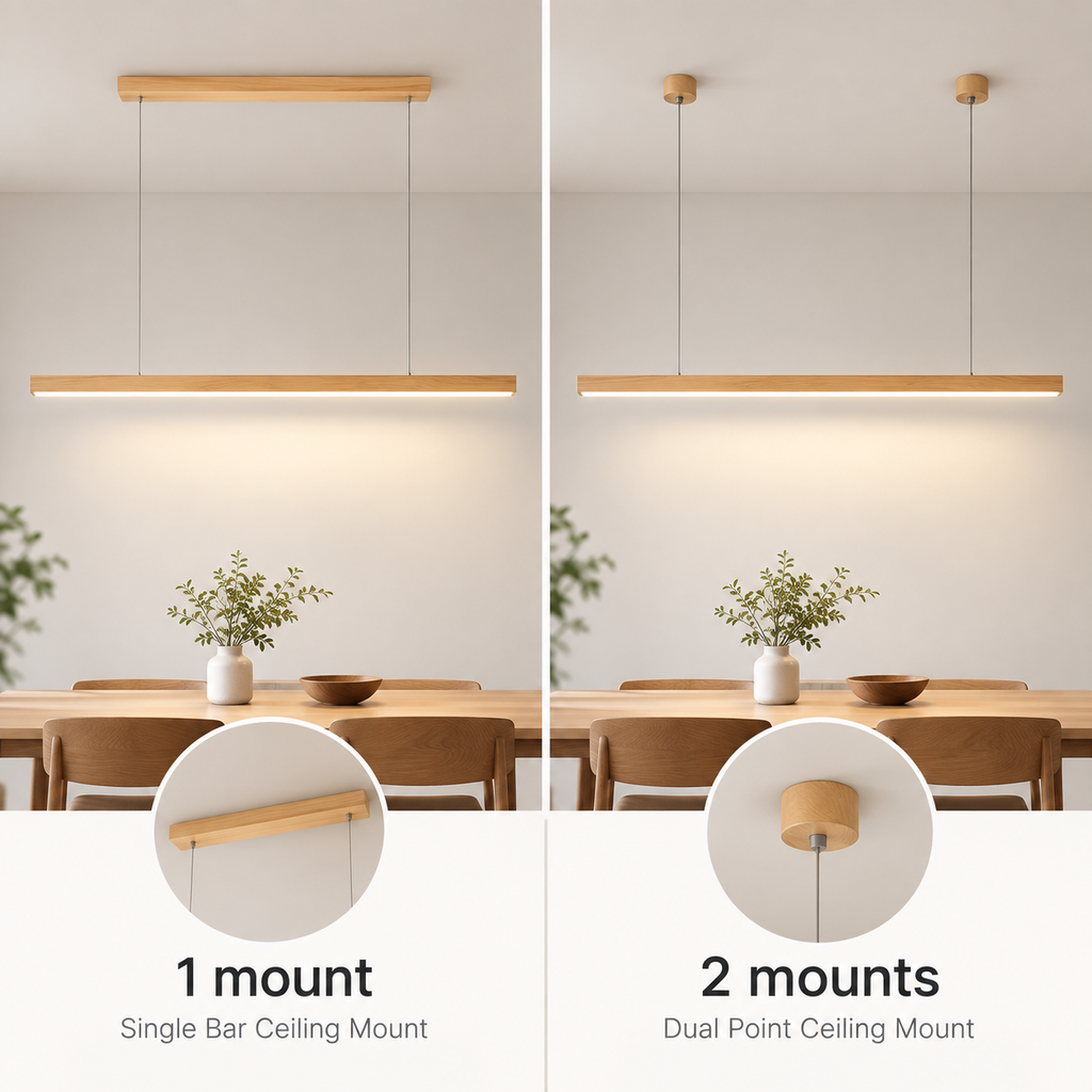 Linear wooden LED bar pendant light over a dining table by BROKLEN – view 15
