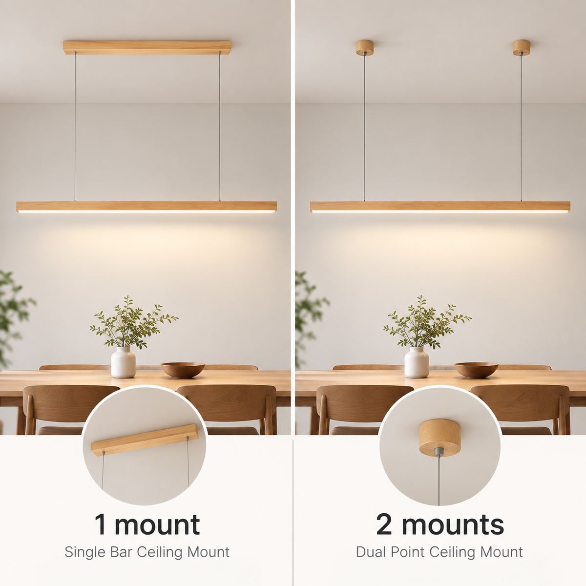 Linear wooden LED bar pendant light over a dining table by BROKLEN – view 15