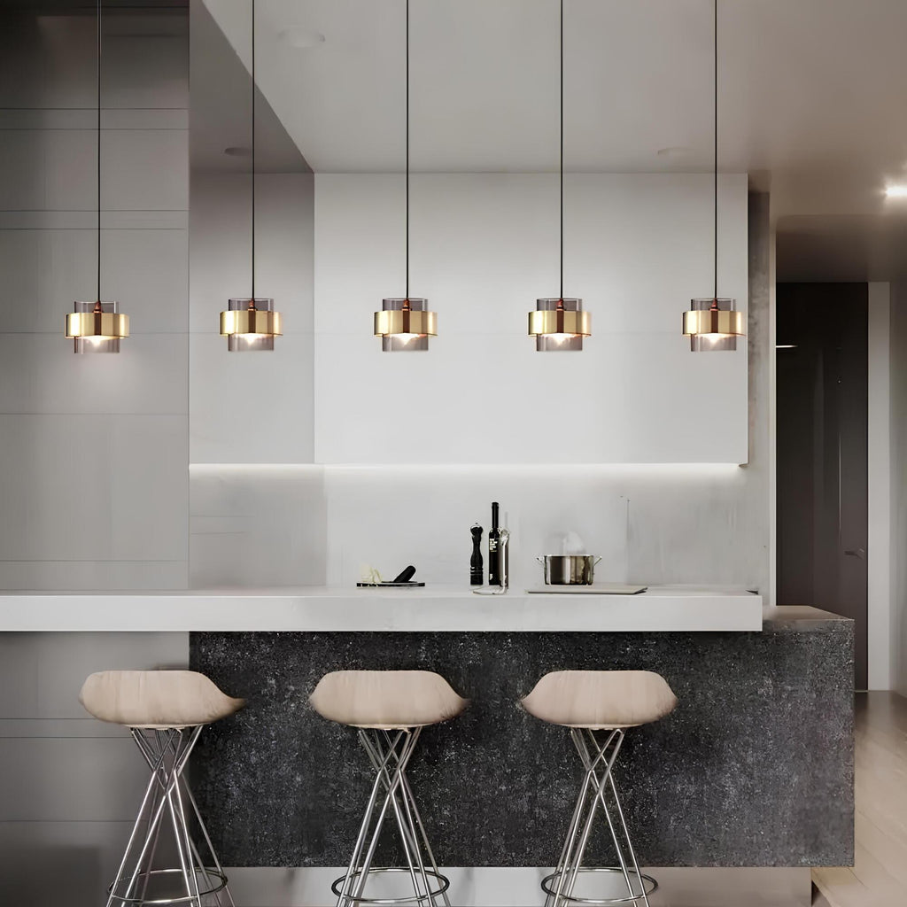 Compact metal and glass kitchen pendant light in smoke and amber by BROKLEN