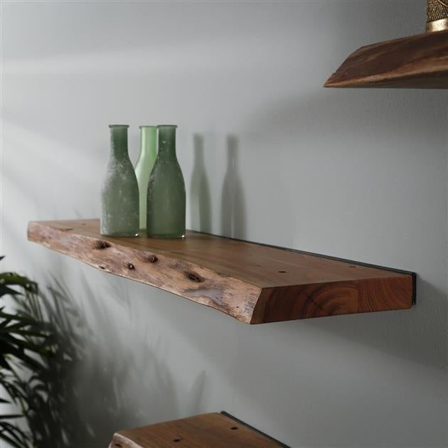 Live edge acacia wood wall shelf with black steel frame by BROKLEN – view 13
