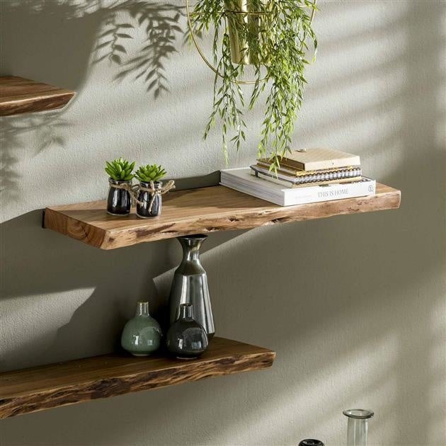 Live edge acacia wood wall shelf with black steel frame by BROKLEN – view 14